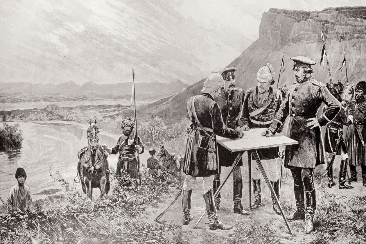De Afghaanse Grenscommissie: De Russische en Britse Commissarissen bij Zulfikar, het Plaatsen van de Eerste Grenspaal, 12 november, gegraveerd door R. Taylor, uit 