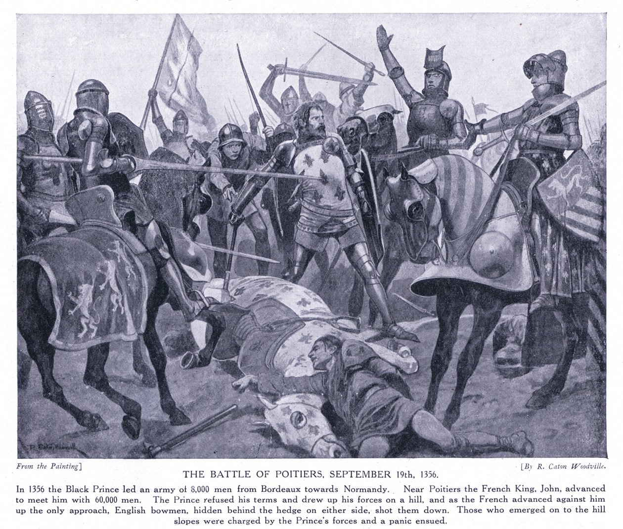 De slag bij Poitiers AD1356, jaren 1920 door Richard Caton Woodville junior