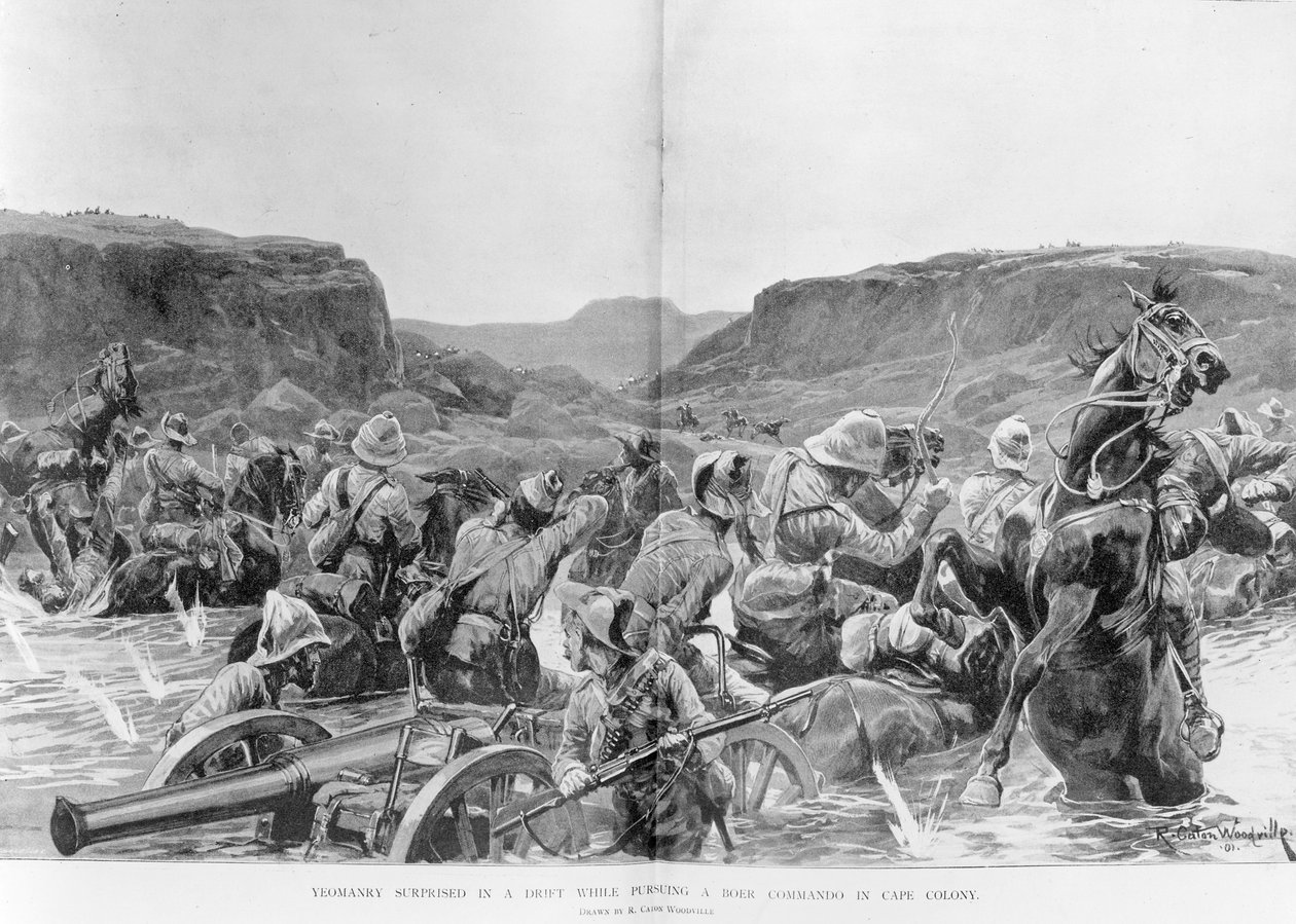 Yeomanry verrast in een drift terwijl ze een Boer Commando achtervolgen in Kaapkolonie door Richard Caton Woodville junior