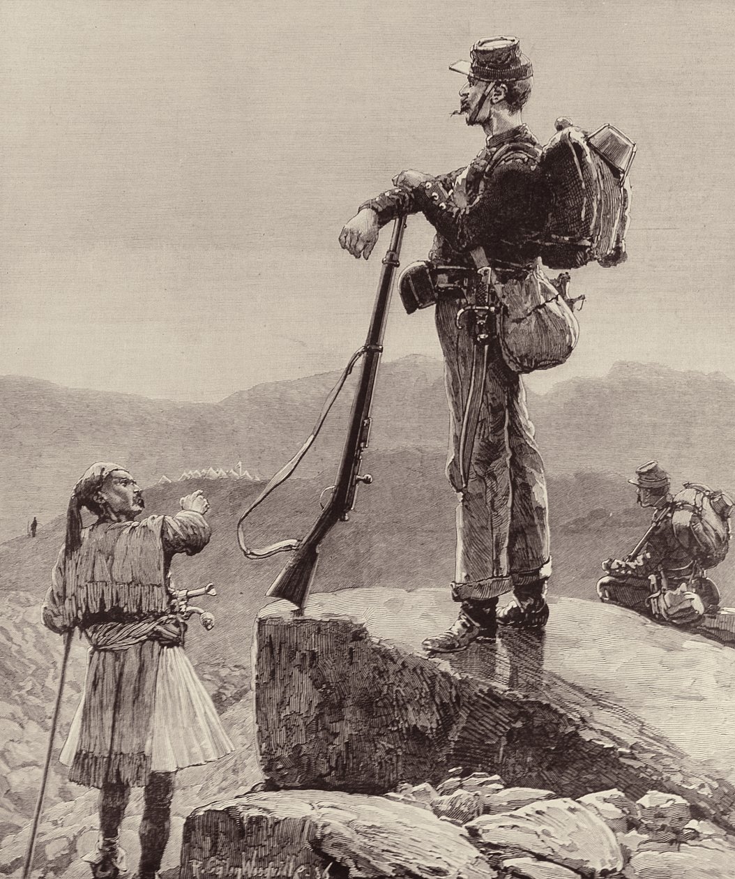 Op de Uitkijk: Infanteriesoldaten van het Griekse Leger, uit The Illustrated London News, 4 oktober 1886 door Richard Caton II Woodville