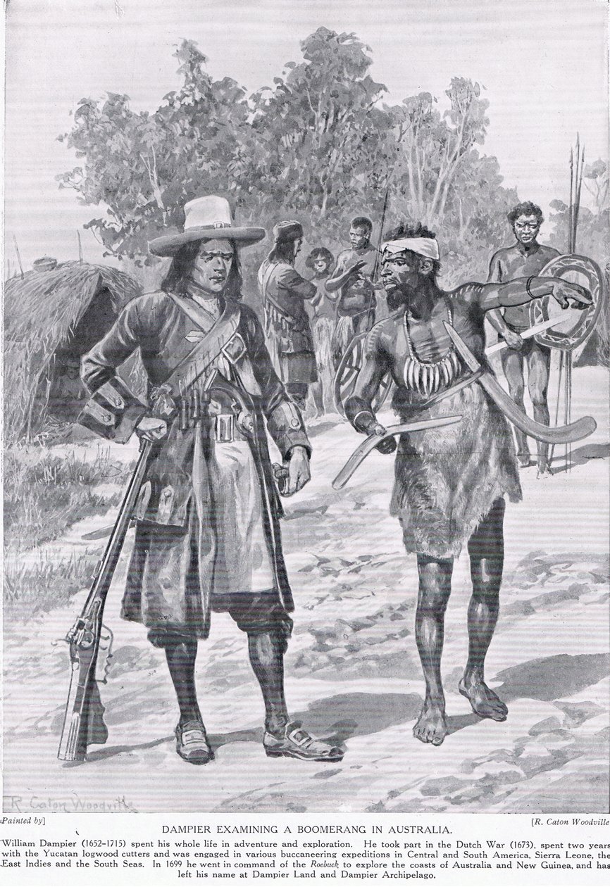 Dampier Onderzoekt een Boemerang in Australië, ca. 1910 door Richard Caton Woodville