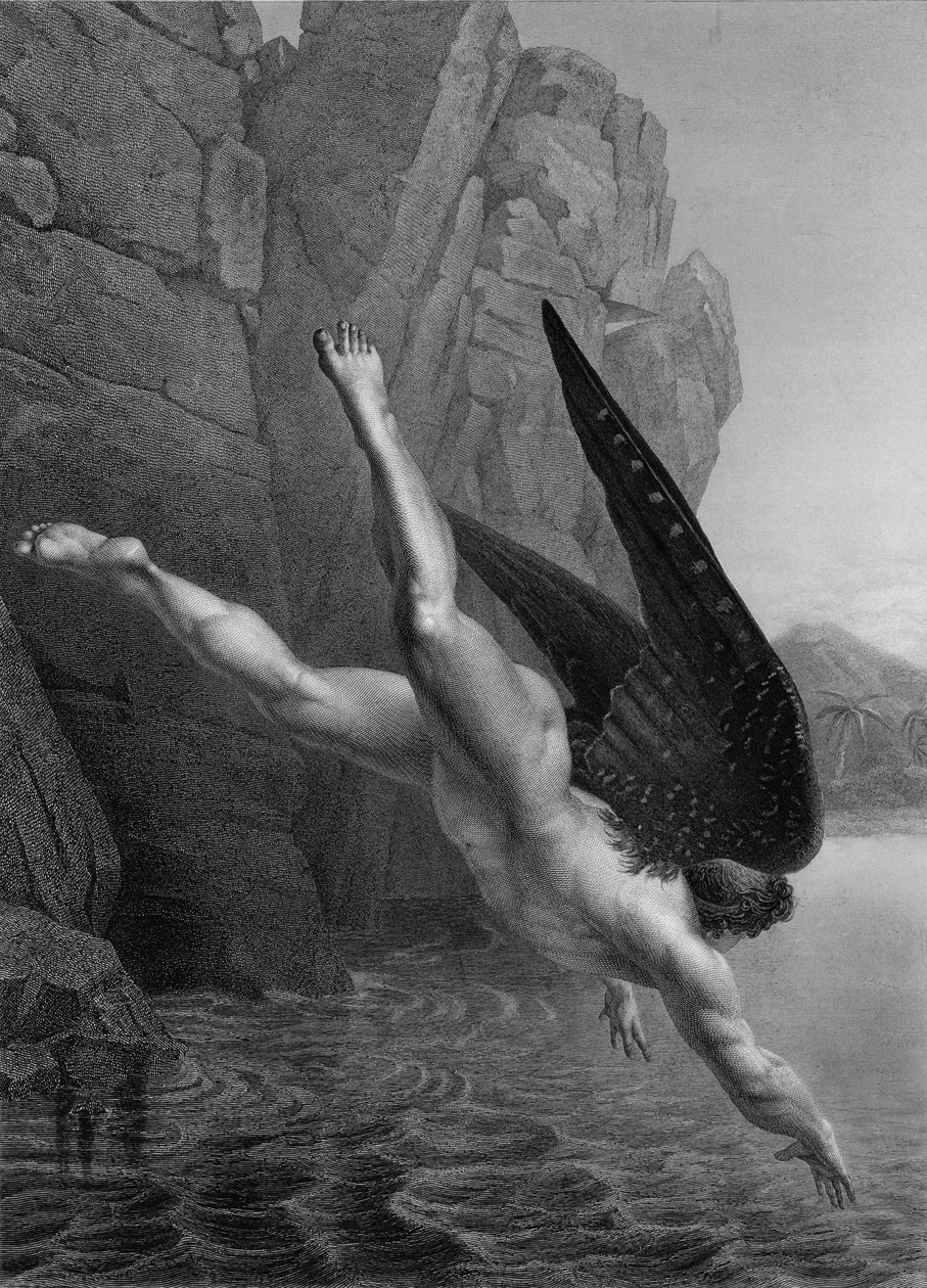 Satan stort zich in de rivier Styx, uit een Franse editie van 