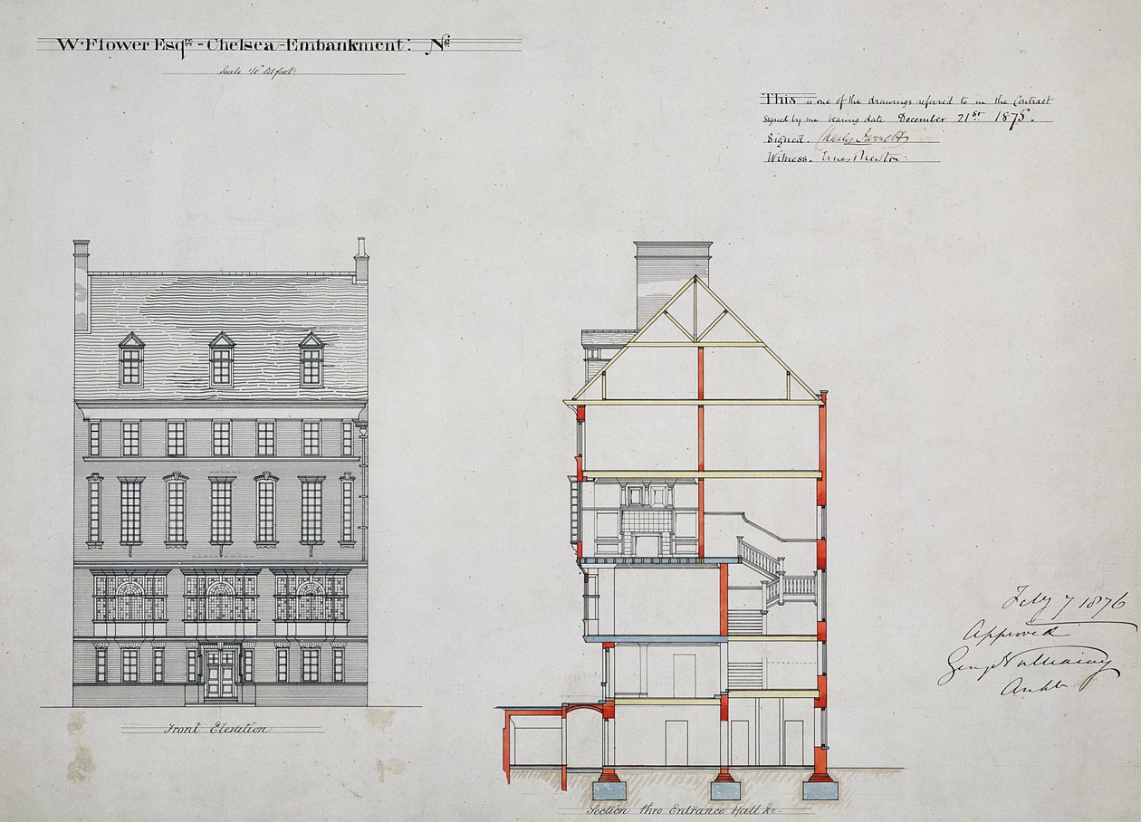 Ontwerp voor een huis voor W. Flower Esq, Chelsea Embankment, Londen, 1876 door Richard Norman Shaw
