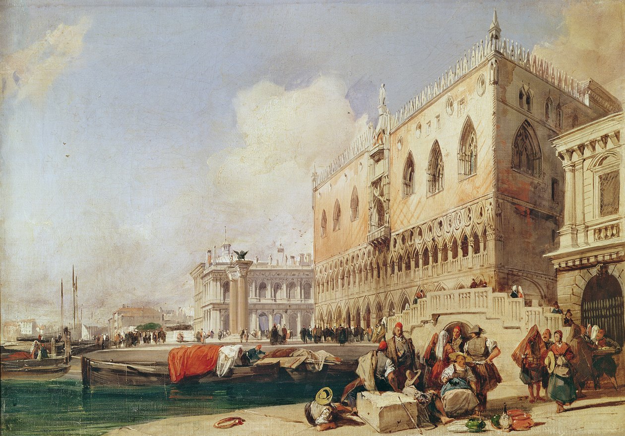 Uitzicht op Venetië. De Riva degli Schiavoni en het Dogenpaleis door Richard Parkes Bonington