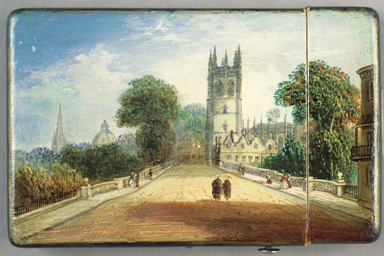 Victoriaanse kaartendoos, met een scène van Magdalen College, Oxford door Richard Phene and Benjamin W. Spiers