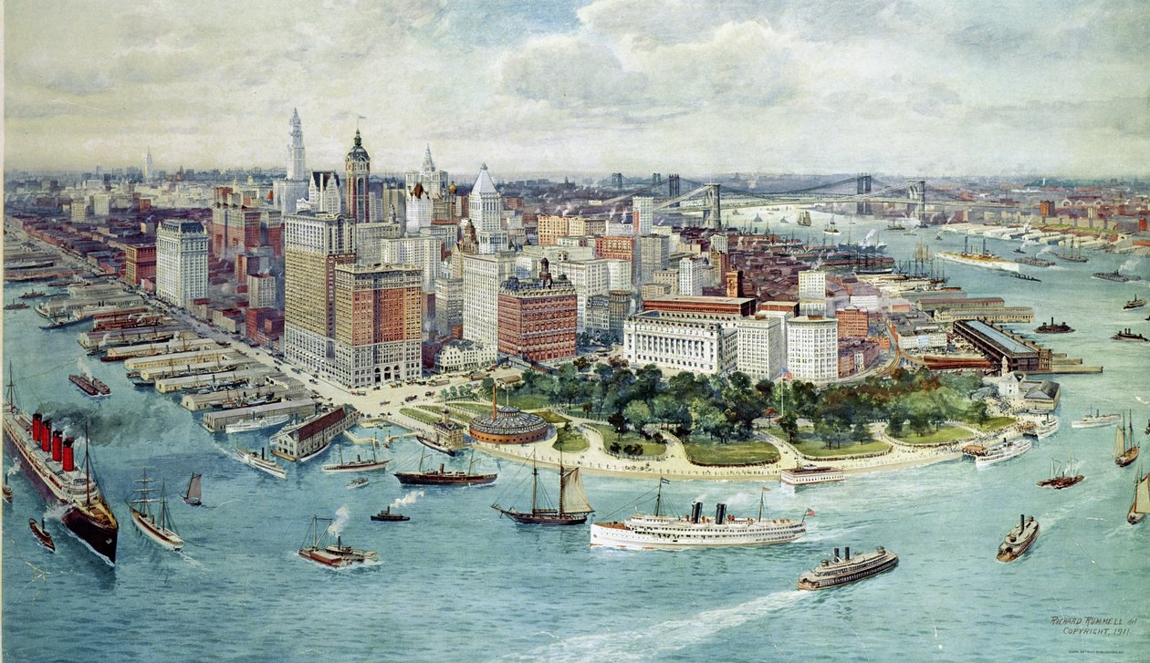 Vogelvlucht van Lower Manhattan, 1911 door Richard Rummell