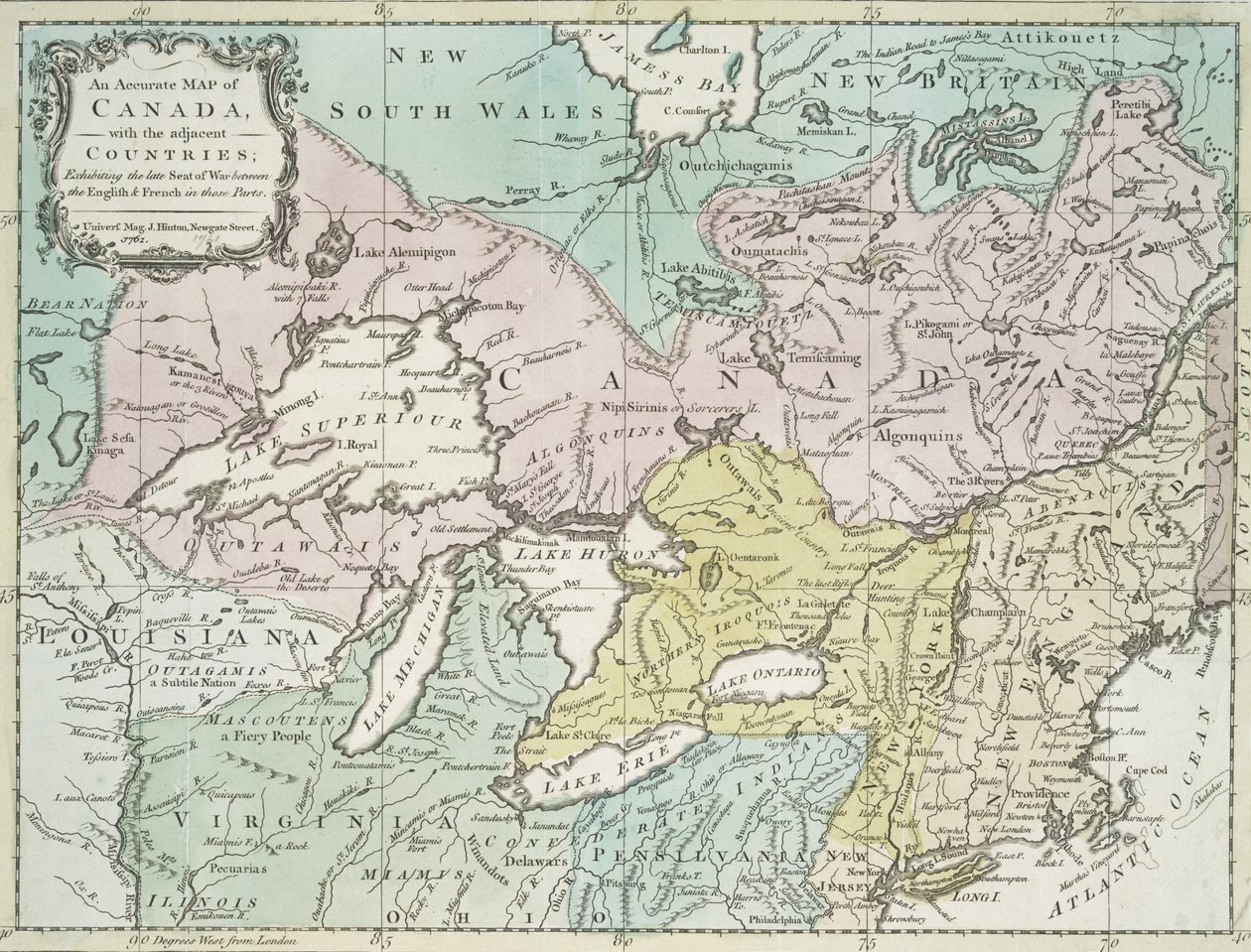 Een nauwkeurige kaart van Canada, met de aangrenzende landen, 1761 door Richard William Seale