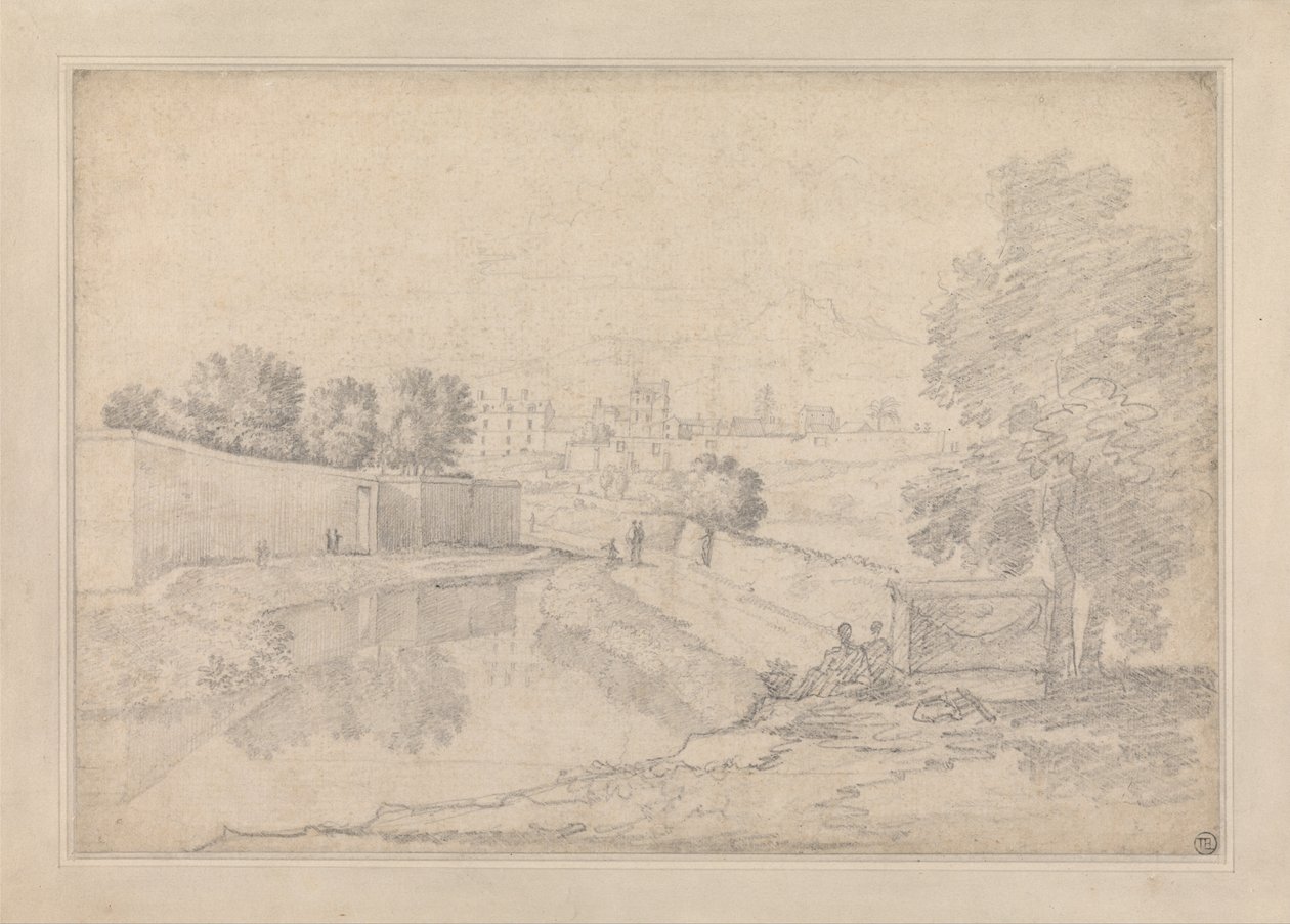Italiaans landschap met rivier tussen hoge muur links en hoge oever rechts naar een kleine... door Richard Wilson