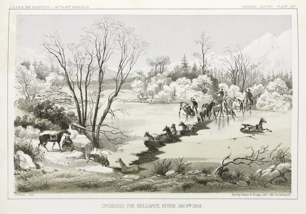 Oversteek van de Hellgate-rivier, Montana, VS, 6 januari 1854 door John Pardon