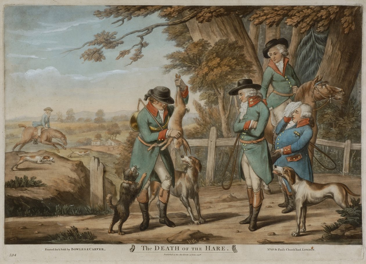 De dood van de haas, gedrukt voor Bowles & Carver, gepubliceerd in 1796 door Richard (after) Dighton
