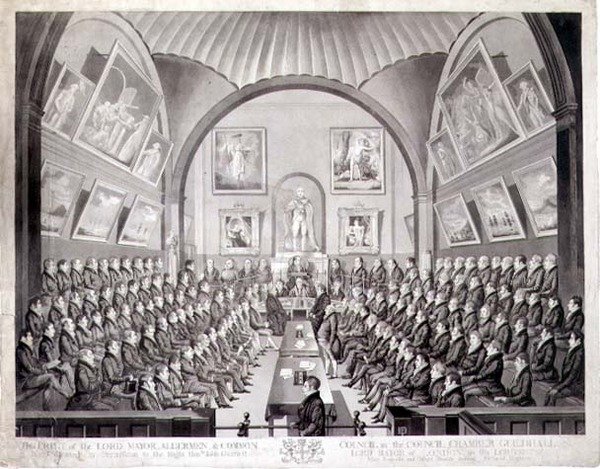 De Lord Mayor, wethouders en gemeenteraad in de raadszaal van Guildhall, Londen, gegraveerd door Thomas Sutherland, gepubliceerd in 1825 door Richard (after) Dighton
