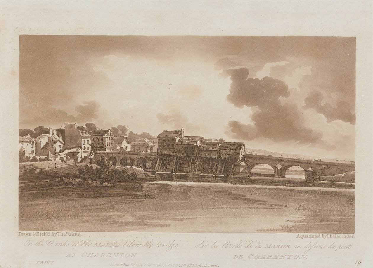 Aan de Oevers van de Marne onder de Brug bij Charenton 1803; Plaat 19 uit Zichten in Parijs, het Emanuel Volume tracing van de plaat B1981.25.2628 door Richard Banks Harraden