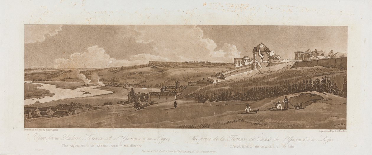 Uitzicht vanaf Paleis Terras in St. Germain en Laye; Het Aquaduct van Marli in de verte 1803; Plaat 16 uit Uitzichten in Parijs, het Emanuel Volume tracing van de plaat door Richard Banks Harraden