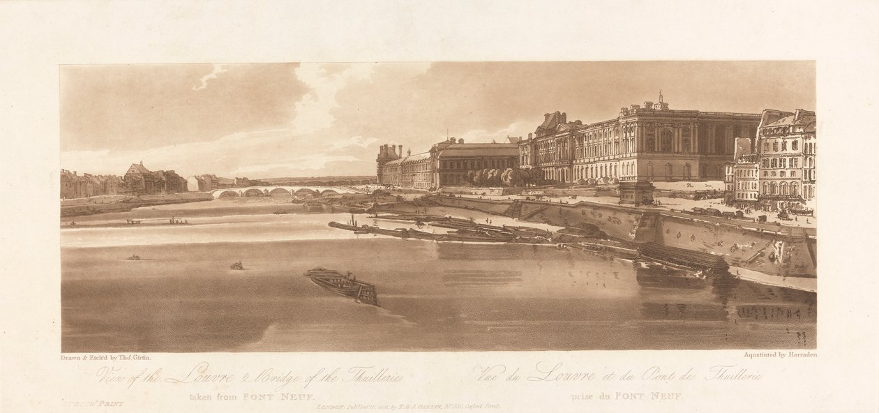 Zicht op het Louvre en de Brug van de Thuilleries, genomen vanaf Pont Neuf. 1802; Plaat 2 uit Zichten in Parijs, het Emanuel Volume Tracering van de plaat, B1981.25.2613 door Richard Banks Harraden