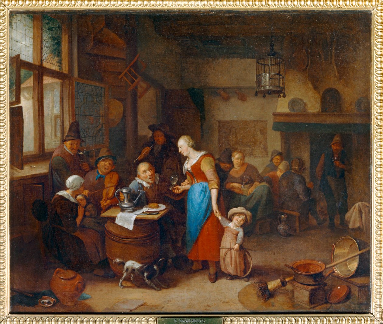 Drinkers in een taveerne, een baby in een wieg - Drinkers et musiciens dans un cabaret, avec enfant au cerceau ... door Richard Brakenburg