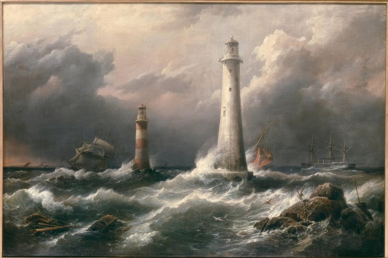 H.M.S. Lord Warden bij de Eddystone Vuurtorens door Richard Brydges Beechey