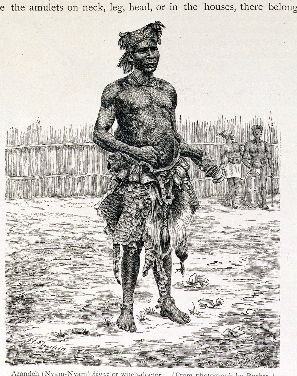Azandeh (Nyam-Nyam) Binsa of heksendokter, gegraveerd door Jahrmargt, uit 