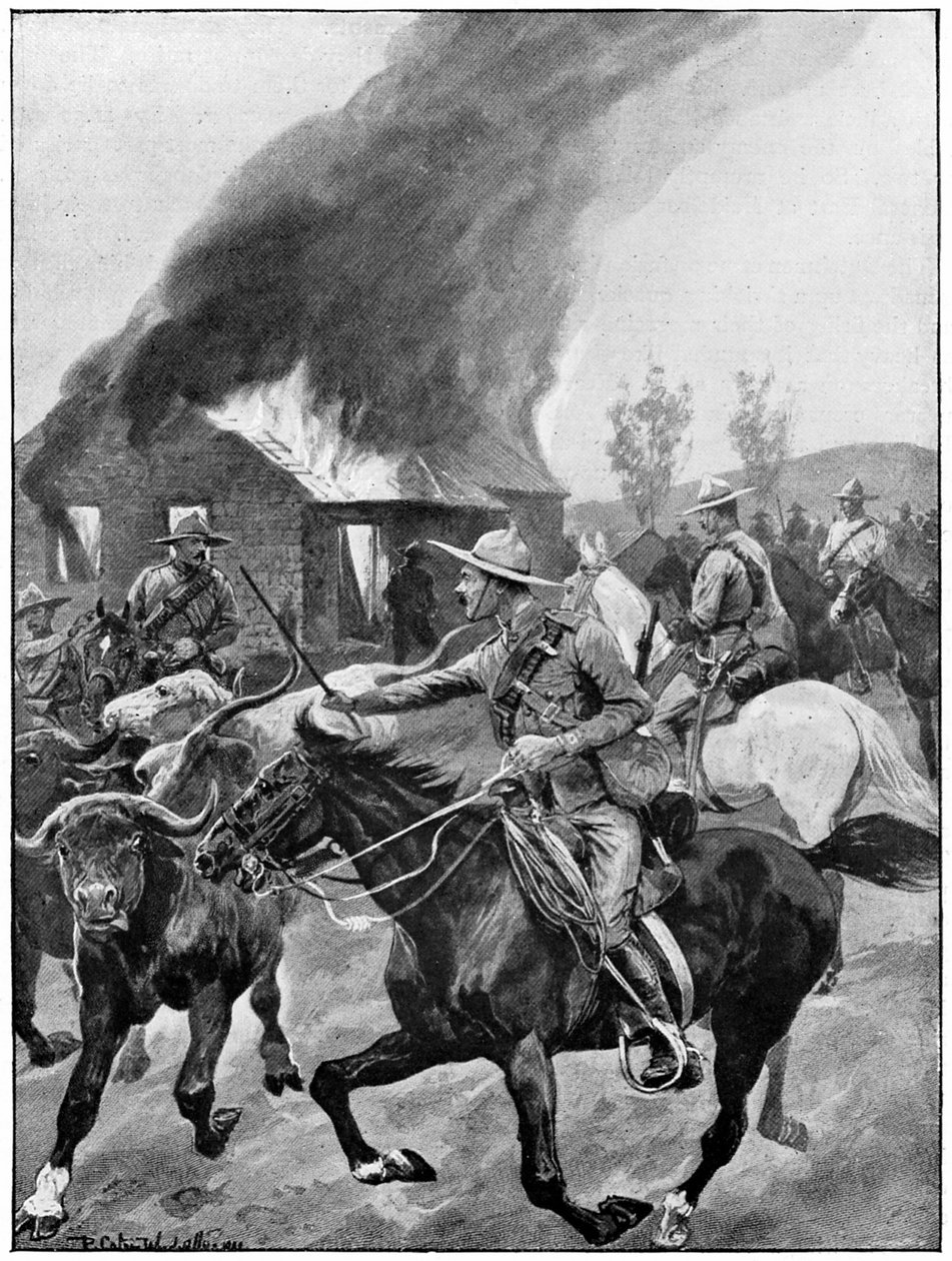 Britse koloniale troepen verbranden een boerderij van een rebelse Boer. Naar schilderij van R. Caton Woodville. 2e Boerenoorlog 1899-1902. door Richard Caton II Woodville