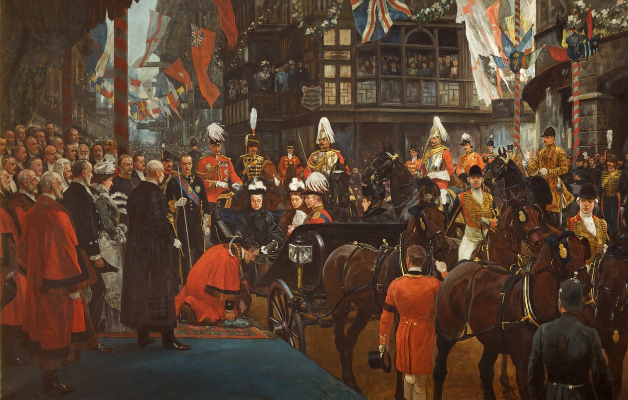 Koningin Victoria die Herbert Ashman, Esq., de eerste burgemeester van Bristol, tot ridder slaat in het raadhuis, 12 november door Richard Caton II Woodville