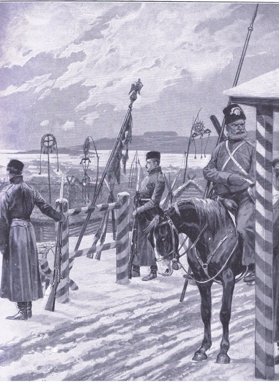 Een Kozakkenstation in Mantsjoerije met stamtekens boven de hutten van de mannen, illustratie uit Cassells History of the Russo-Japanese War Vol 1, ca. 1900 door Richard Caton Woodville