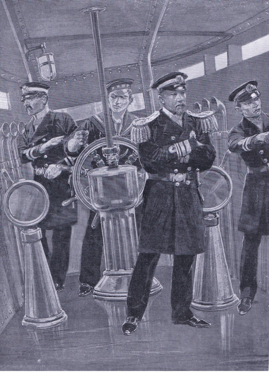 Admiraal Togo in de commandotoren van zijn vlaggenschip, een zeeslag leidend, illustratie uit Cassells History of the Russo-Japanese War Vol 1, ca. 1900 door Richard Caton Woodville