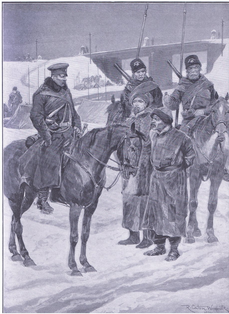 Arrestatie van Japanse spionnen ontdekt als koelies, illustratie uit Cassells History of the Russo-Japanese War Vol 1, ca. 1900 door Richard Caton Woodville