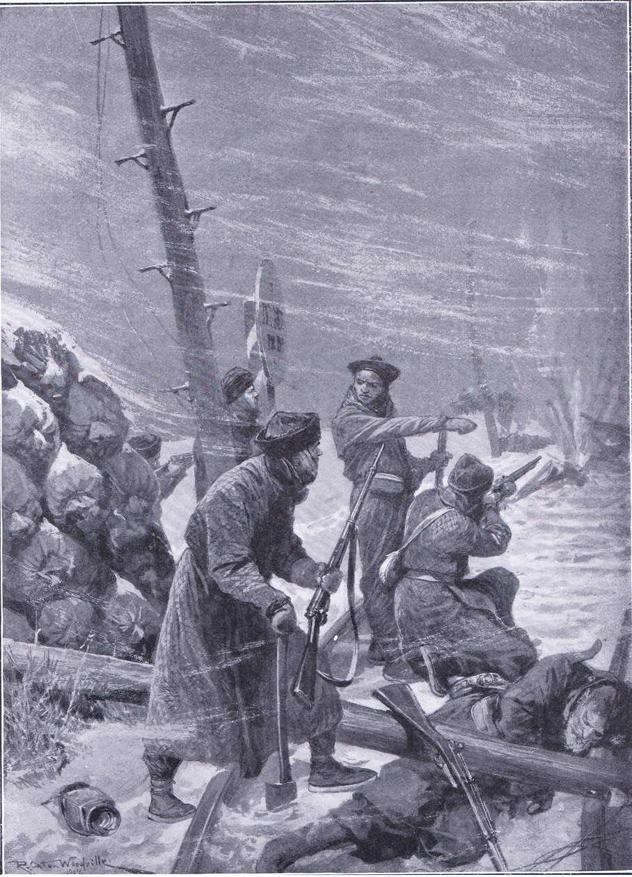 Aanval op de spoorweg door Chunchuses, illustratie uit Cassells History of the Russo-Japanese War Vol 1, ca. 1900 door Richard Caton Woodville