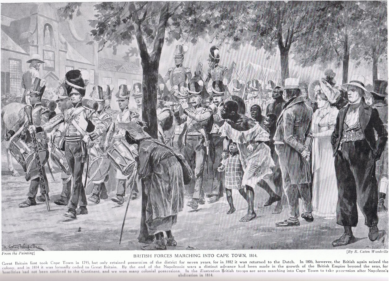 Britse troepen marcheren Kaapstad binnen, illustratie uit 