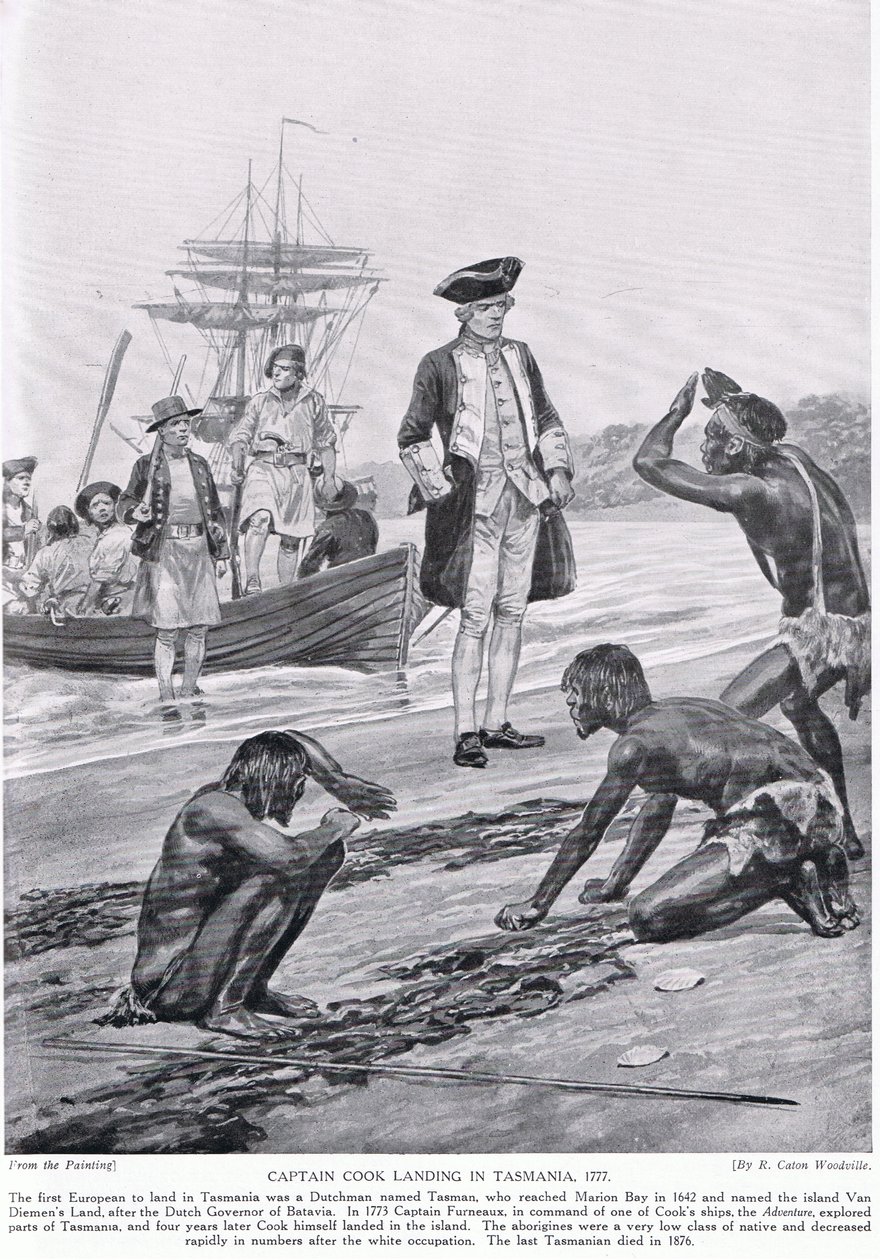 Kapitein Cook landt in Tasmanië, 1777, illustratie uit 