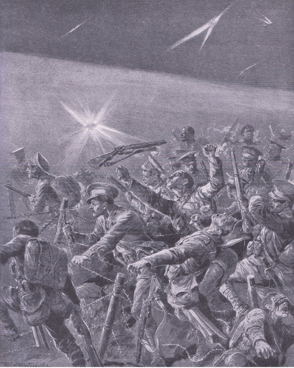 Gevangen in prikkeldraadversperringen: Nachtelijke aanval door Britse infanterie, uit Geschiedenis van de Grote Oorlog Vol 3 gepubliceerd door Waverley Book Co Limited, ca. 1920 door Richard Caton Woodville