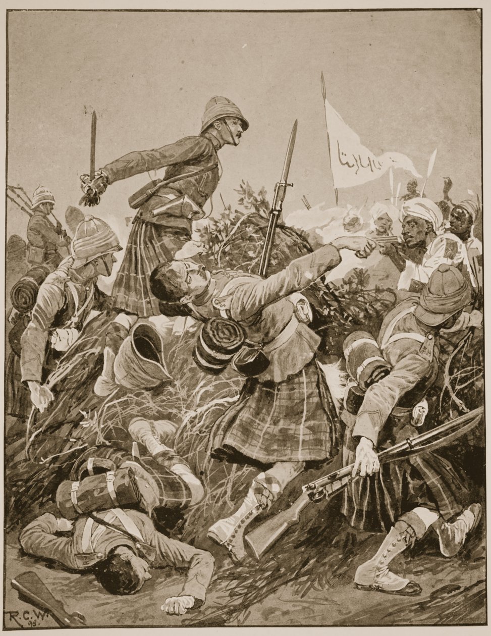 De Seaforth Highlanders bestormen de zareba bij de Slag om Atbara, illustratie uit 