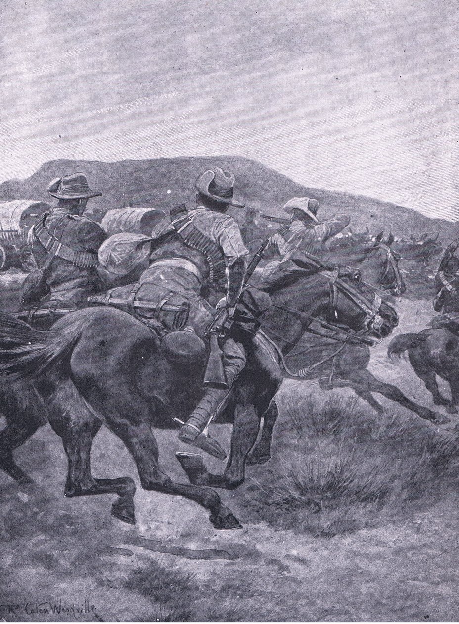 Yeomanry valt De Wets achterhoede en transport aan, uit Na Pretoria: De Guerrillaoorlog gepubliceerd door Harmsworth Bros Limited, 1901 door Richard Caton Woodville