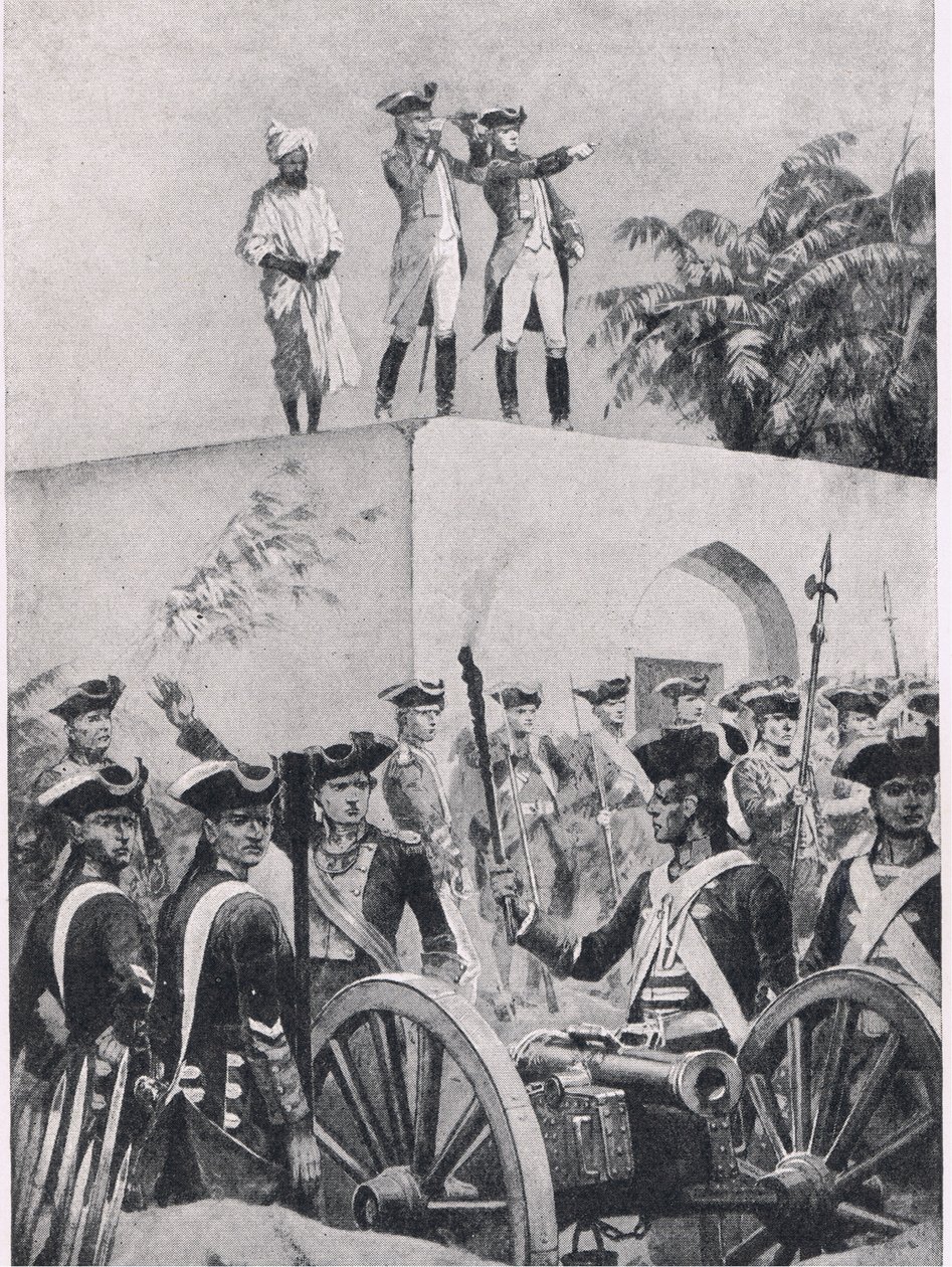 Slag bij Plessey, 23 juni 1757: Clive op het dak van Nawab Surat-ud-Daulas jachthuis, illustratie uit British Battles on Land and Sea, 1915 door Richard Caton Woodville junior