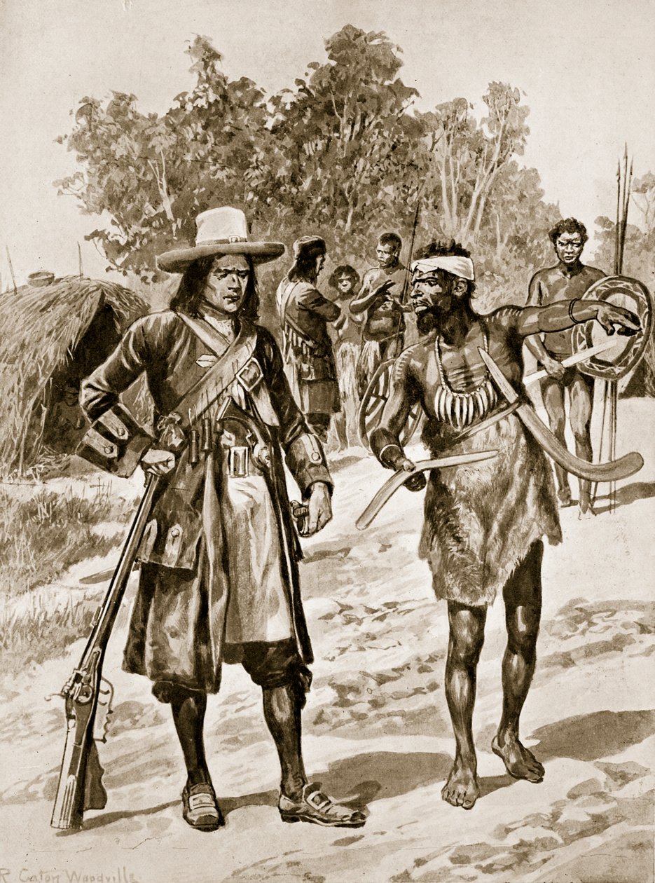 Dampier onderzoekt een boemerang in Australië, illustratie uit 