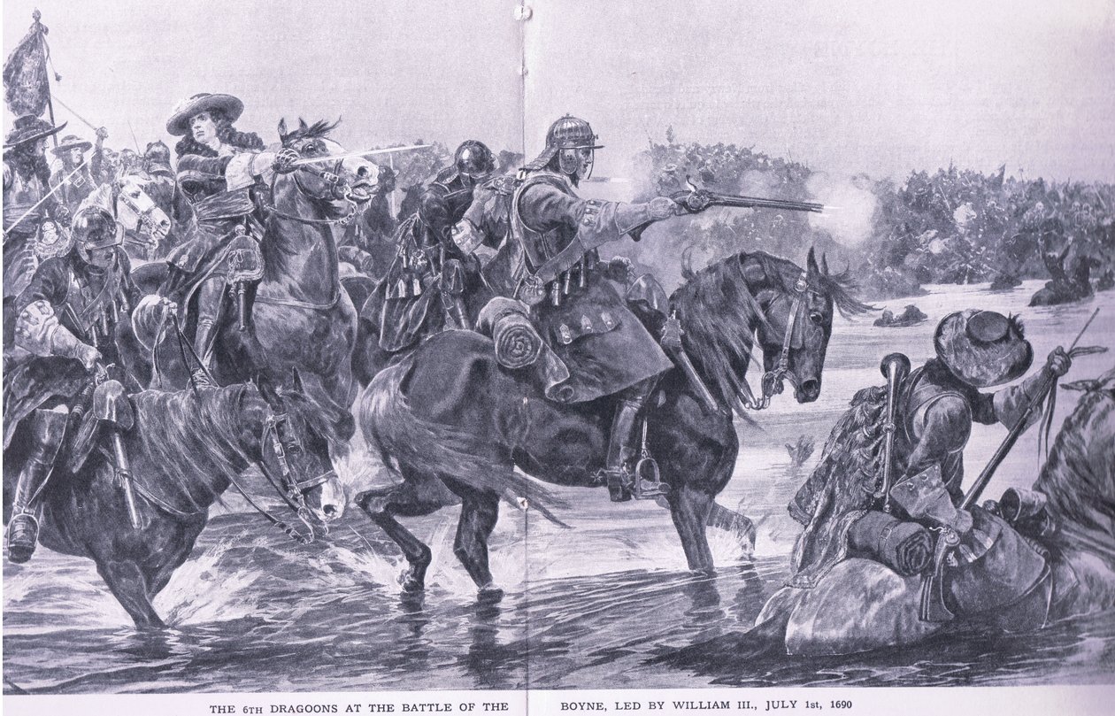 De Slag bij de Boyne 1 juli 1690, illustratie uit British Battles on Land and Sea, 1915 door Richard Caton Woodville junior
