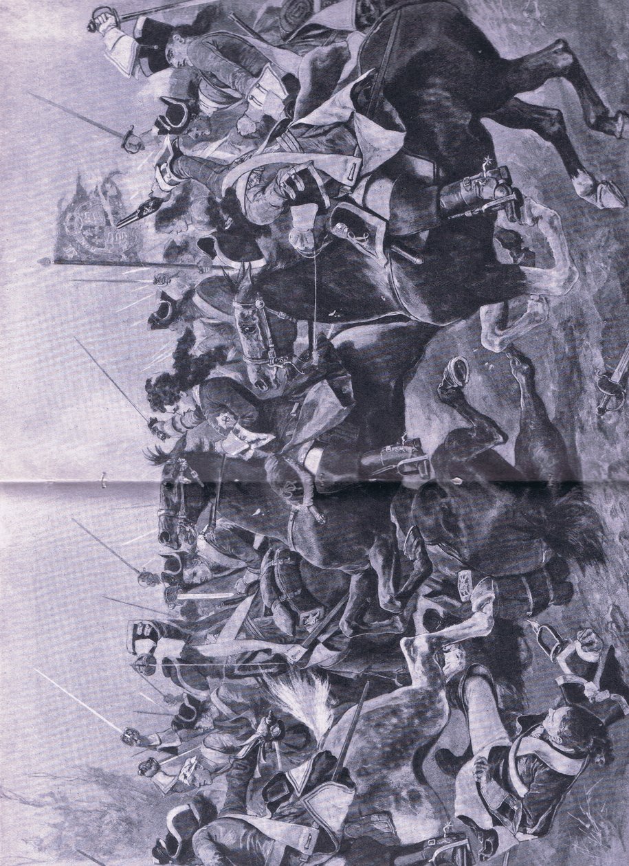 Het cavaleriegevecht bij de Slag bij Ramilles, 3 mei 1706, illustratie uit British Battles on Land and Sea, 1915 door Richard Caton Woodville junior