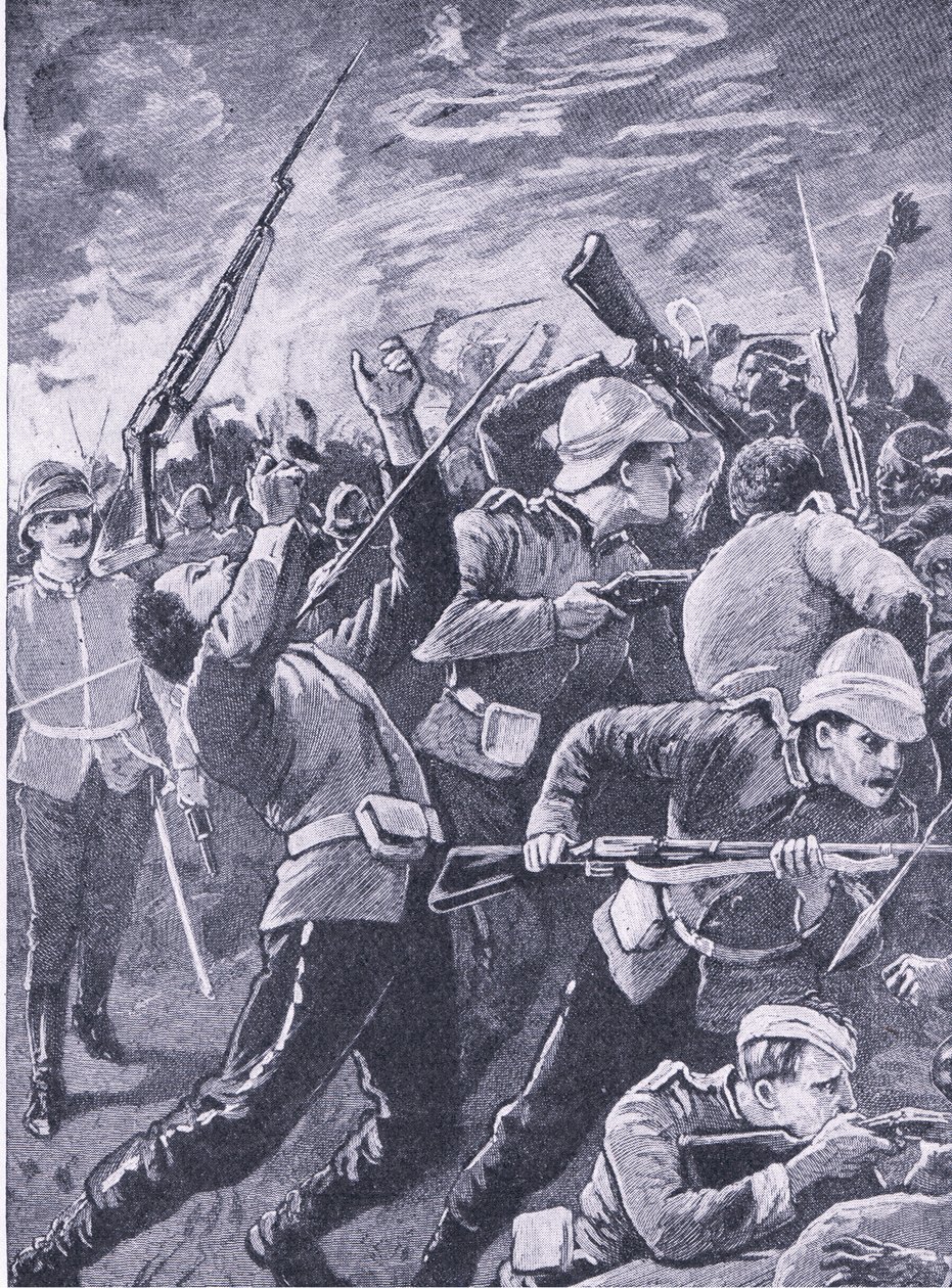 De verdediging van Rorkes Drift, illustratie uit British Battles on Land and Sea, 1915 door Richard Caton Woodville junior