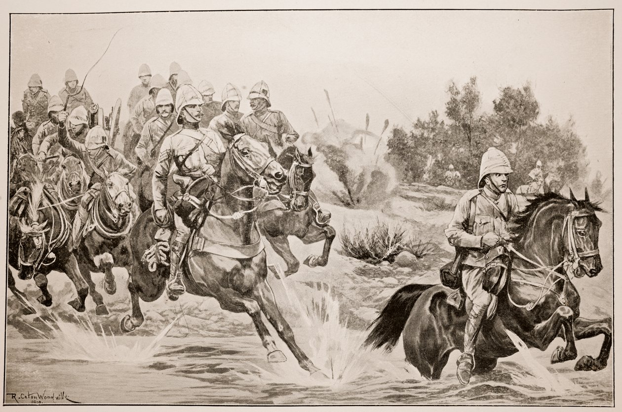 De grote opmars: Royal Horse Artillery (Cavalry Division) steekt de Vaal over door Richard Caton Woodville junior
