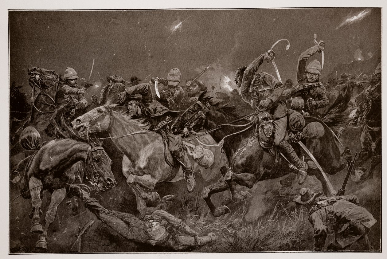 De nachtelijke aanval van de 19e Huzaren nabij Lydenberg op 7 november, 1900 door Richard Caton Woodville junior