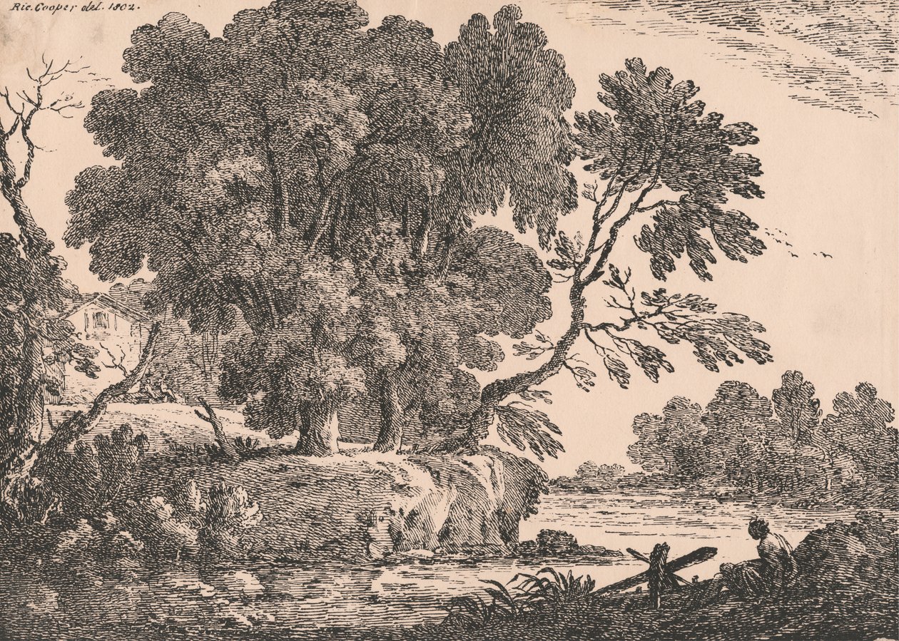 Landschap met groep bomen omgeven door water, huisje links, vrouw zittend op de voorgrond rechts door Richard Cooper the Elder