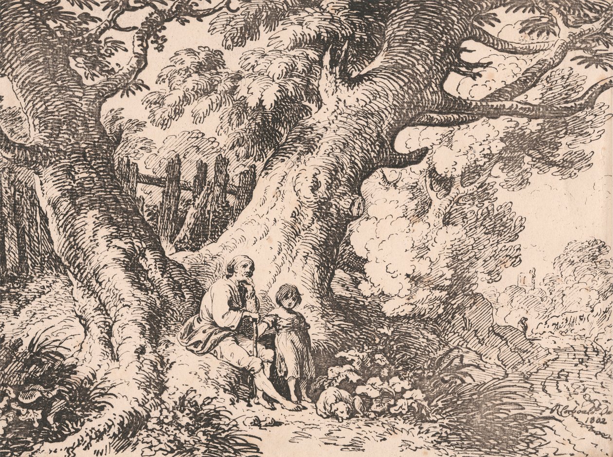 Oude Bomen met Oude Man, Kind en Hond door Richard Corbould