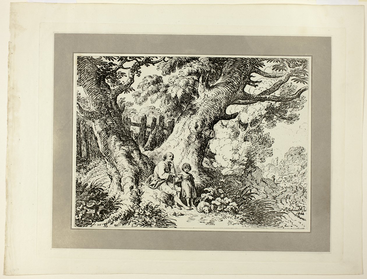 Oude Bomen met Oude Man, een Meisje en een Hond, uit de eerste uitgave van Specimens of Polyautography door Richard Corbould