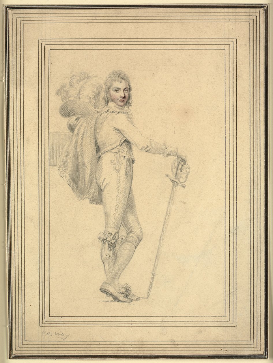 Volledig portret van een heer met een zwaard in de ene hand en een gevederde hoed in de andere door Richard Cosway