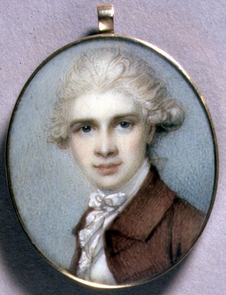 Portretminiatuur van een jonge man in een bruine jas door Richard Cosway