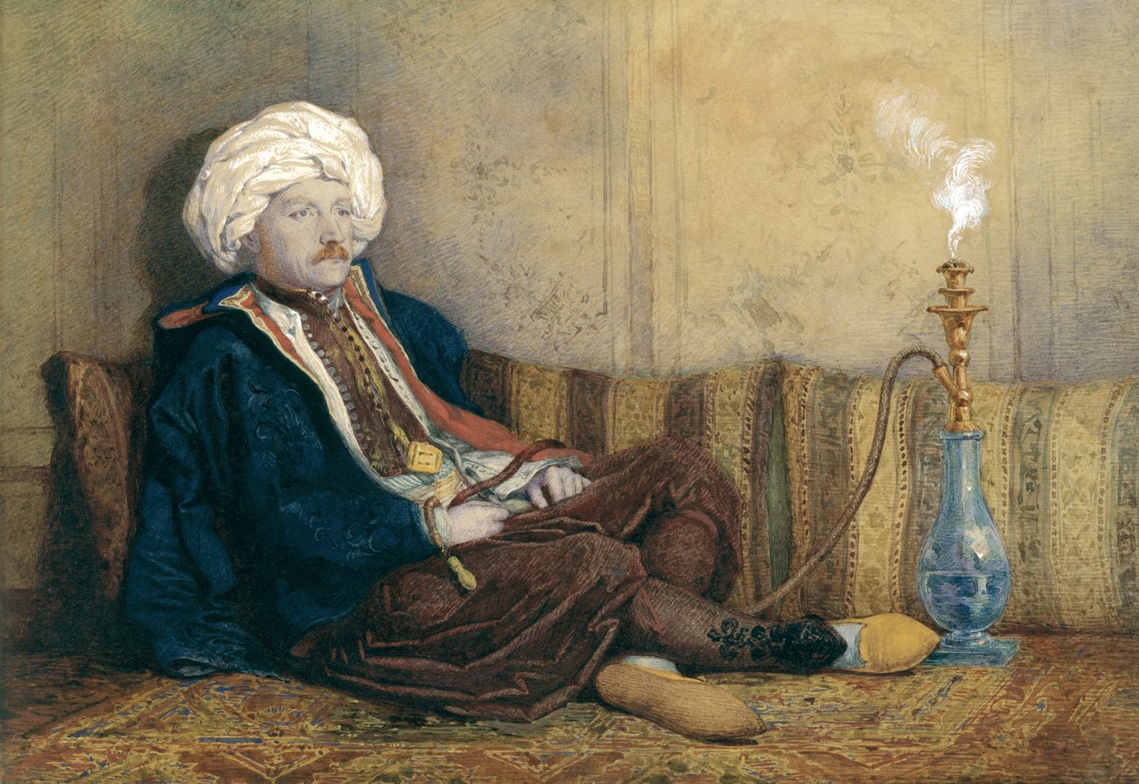 Portret van Sir Thomas Philips in oosterse kleding, liggend met een waterpijp door Richard Dadd