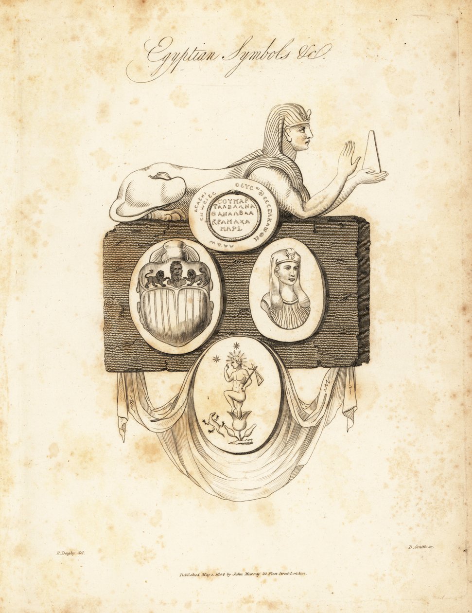Egyptische sfinx, scarabee, Horus, enz., 1823 (gravure) door Richard Dagley