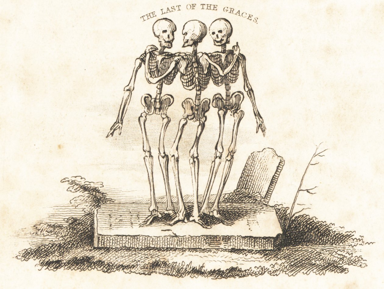 Vignet van drie skeletten op een grafsteen, 1827 (gravure) door Richard Dagley