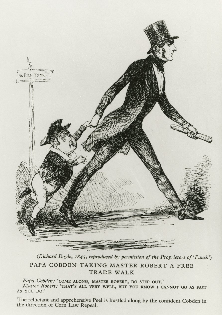 Papa Cobden neemt Meester Robert mee voor een vrijhandelwandeling, 1845 door Richard Doyle