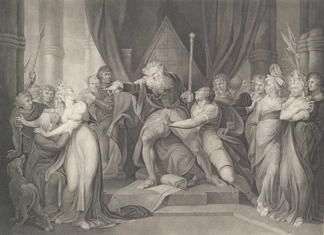 Koning Lear die zijn dochter Cordelia verstoot, Shakespeare, eerst gepubliceerd 1792, heruitgegeven 1852 door Richard Earlom
