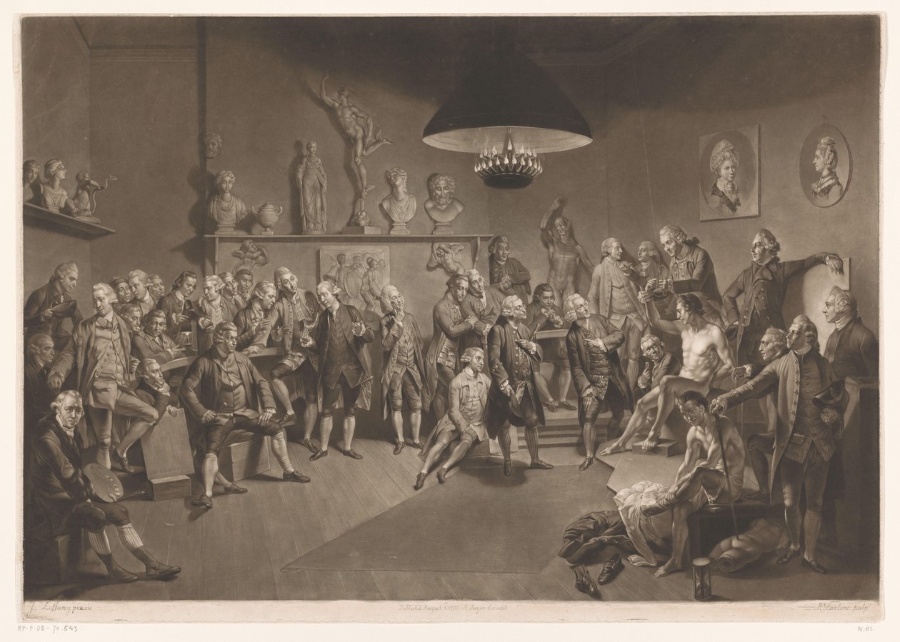 Leden van de Royal Academy in interieur met mannelijk naaktmodel, 1768 door Richard Earlom